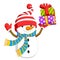 A kind snowman is holding up the box of colourful gift