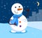 Kind snowman stands at night under the moon. Winter cityscape and snowman. Meeting of Christmas and New Year. Winter fun. Cartoon