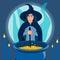 A kind woman witch brews a potion in a cauldron. Gothic. In minimalist style. Cartoon flat Vector