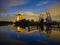 Kinderdijk National Park in the Netherlands. Windmills at dusk. A natural landscape in a historic location. Reflections on the wat