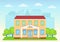 Kindergarten facade. Vector illustration. Preschool building front view