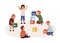Kindergarten flat vector illustration. Children sitting on floor and playing cubes with letters isolated on white