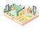 Kindergarten interior. Playground room preschool building with kitchen lessons game place and bedroom for little kids