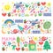 Kindergarten pattern with funny kids drawing. Vector illustration. Children play and grow.