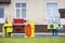 Kindergarten playground with bright toy car and funny bench. Children activities and recreation outdoors