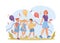 Kindergarten preschool children group walking with teacher, vector