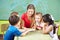 Kindergarten teacher and children read book in kindergarten