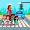 Kindergarten Teacher Transfer Across The Road Little Boys And Girls Vector. Isolated Illustration