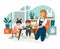 Kindergarten vector illustration, cartoon flat happy children characters group eating breakfast, lunch or dinner food