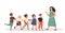 Kindergartener or Educator with Group of joyful schoolchildren,children flat vector illustration.Babysitter and kids playing