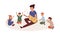 Kindergartener with kids group flat vector illustration. Nursery governess playing guitar. Music and singing lesson