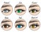 Kinds of lashes sets on blue, green, grey and brown eyes with brows