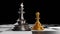 The King in battle chess game stand on chessboard with black isolated background.