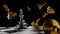 The King in battle chess game stand on chessboard with black isolated background. Concept business