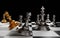 The King in battle chess game stand on chessboard with black isolated background. Concept business strategy, planning and decision