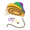 King cake slice covered with colorful glaze and baby toy. Celebrate festive and delicious Mardi Gras carnival. Vector