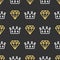 King crown and brilliant on seamless pattern background. Royal crown and diamond outline on black background.