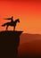 King horse rider vector silhouette outline at sunset cliff