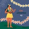 King Kamehameha Day. A nice vector flat postcard with a happy hawaiian woman resident with ukulele in a traditional hawaiian