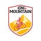 King of Mountains KoM. best road cycling mountain climber. cyclist climb hill with mountain backround badge. vector illustration