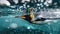 King penguin diving feather detail, bubbles, colorful southern ocean background