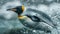 King penguin diving in vibrant southern ocean scene with detailed feathers and bubbles