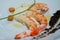 King prawns on a plate, a dish from a restaurant. shrimp. Tiger prawns. King Prawns