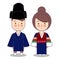 King and Queen ceremonial traditional national clothes of Korea. Set of cartoon characters in traditional costume