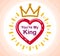 King or queen concept vector emblem isolated, humorous romantic greetings design element, heart shaped love and mating theme icon