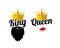 King and queen with crown, couple illustration, vector. King with beard silhouette, queen with lipstick silhouette isolated