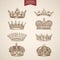 King royal crown icon set engraving lineart retro vintage vector