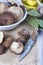 King trumpet mushrooms on the table of the kitchen