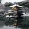 Kinkakuji, Golden Pavilion in Kyoto. Snow in winter. AI generative