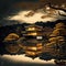 Kinkakuji, Golden Pavilion in Kyoto on a stormy day in Autumn. AI generative.
