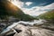 Kinsarvik, Hordaland, Norway. Water Stream Through Rocks In Hardangervidda Mountain Plateau. Sun Sunshine Above Rocky