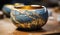 Kintsugi bowl. Gold cracks restoration.