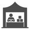 Kiosk with seller and goods solid icon, commerce concept, Marketplace tent with seller sign on white background, male