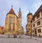 Kirchplatz with St James Church in Rothenburg ob der Tauber Old Town Bavaria Germany