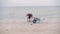 Kirilovka Ukraine August 2021 man collects beach jellyfish in a wheelbarrow young caucasian janitor cleans the beach