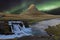 Kirkjufell popular mountain in Iceland with aurora lights