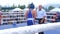 Kirov, Russia, 17-08-2019: Teenagers boxers boxing on ring on city competition.