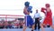 Kirov, Russia, 17-08-2019: Teens boxers boxing on ring on city competition.