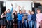 Kirov, Russia - October 02, 2019: Group of happy people posing for a photo shoot. Winners. Friendly friends