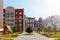 KIROV, RUSSIA - OCTOBER 20, 2021 New modern landscaped courtyard in the microdistrict European streets from the