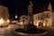 Kisfaludy Karoly statue on the historic square in GyÅ‘r city in Hungary at night christmas time