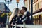 Kiss. Loving couple on a background of romantic old European city