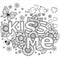 Kiss me. abstract background made of flowers, butterflies, birds kissing and the word love.