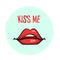 Kiss me greeting card, poster with red hand drawn lips. Vector illustration with phrase KISS ME isolated on white