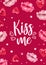 Kiss Me. Postcard for Valentines Day, World Kiss Day. Glossy lips in a watercolor style and shining a heart, a star. For