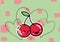 Kissing cherries icons against three heart shapes and pink squares shapes on green background